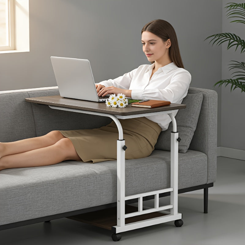 Height-Adjustable Mobile Office Desk with Wheels - -Shaped Bedside\u002FSofa Table, Oak Veneer & Wood Base, Space-Saving Laptop Desk for Small Spaces (\u002F) - Assembly, No Tools Required, -Standing