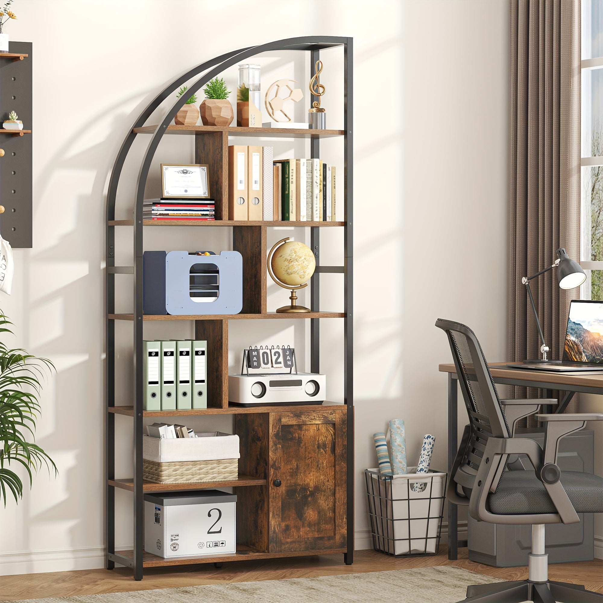 Industrial-Style 6-Tier Bookshelf Featuring a Door, Standing 71.1 Inches Tall, with a Metal Frame And 9 Open Display Shelves. This Large Shelving Unit in a Brown Geometric Design Is Perfect for Your Living Room Or Home Office