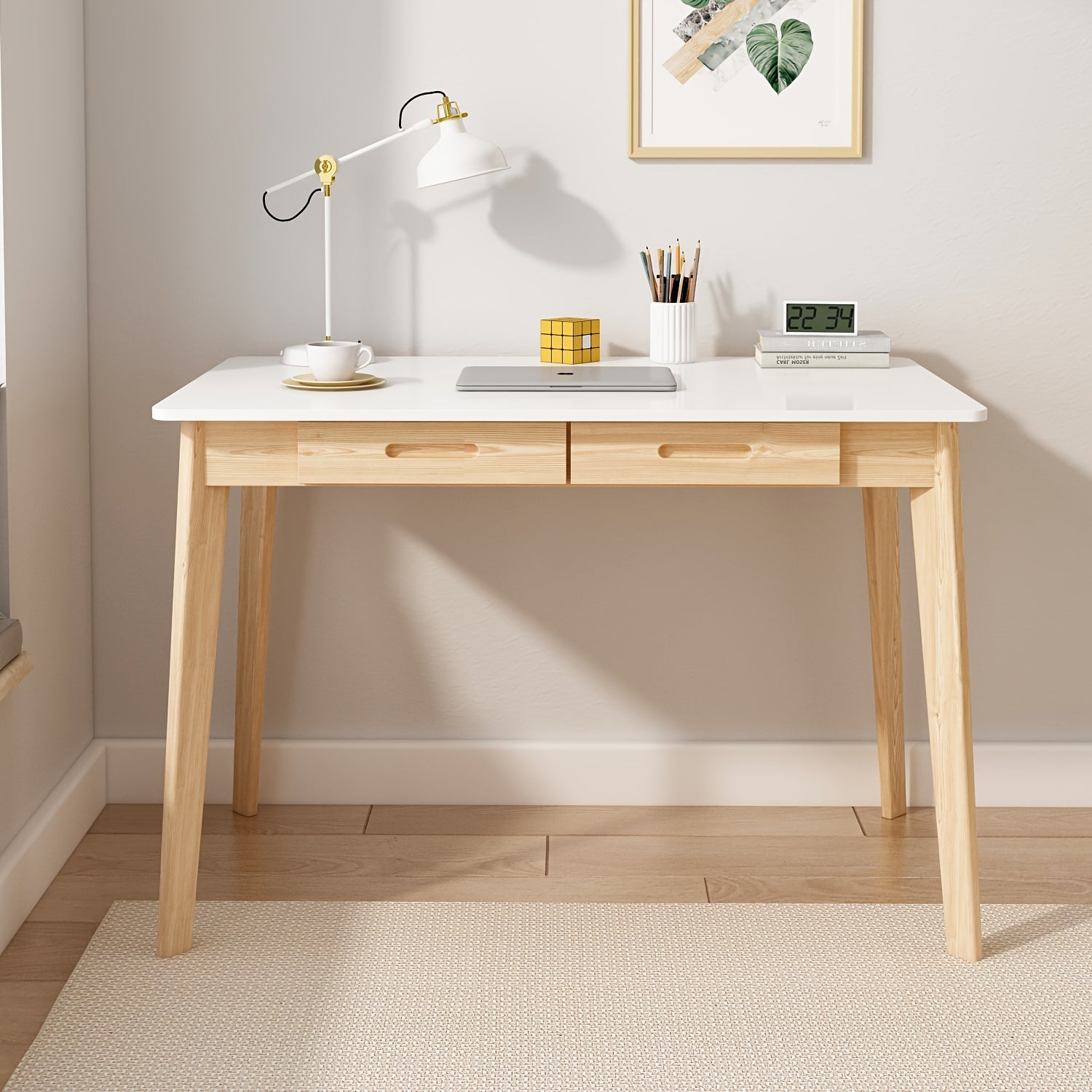 Modern Office Desk Computer Desk Writing Wood Desk Study Work Desk, With 2 Drawer, Suitable For Study Or Office, Equipped With Two Drawers And Four Legs, Easy To Assemble, Minimalist Design