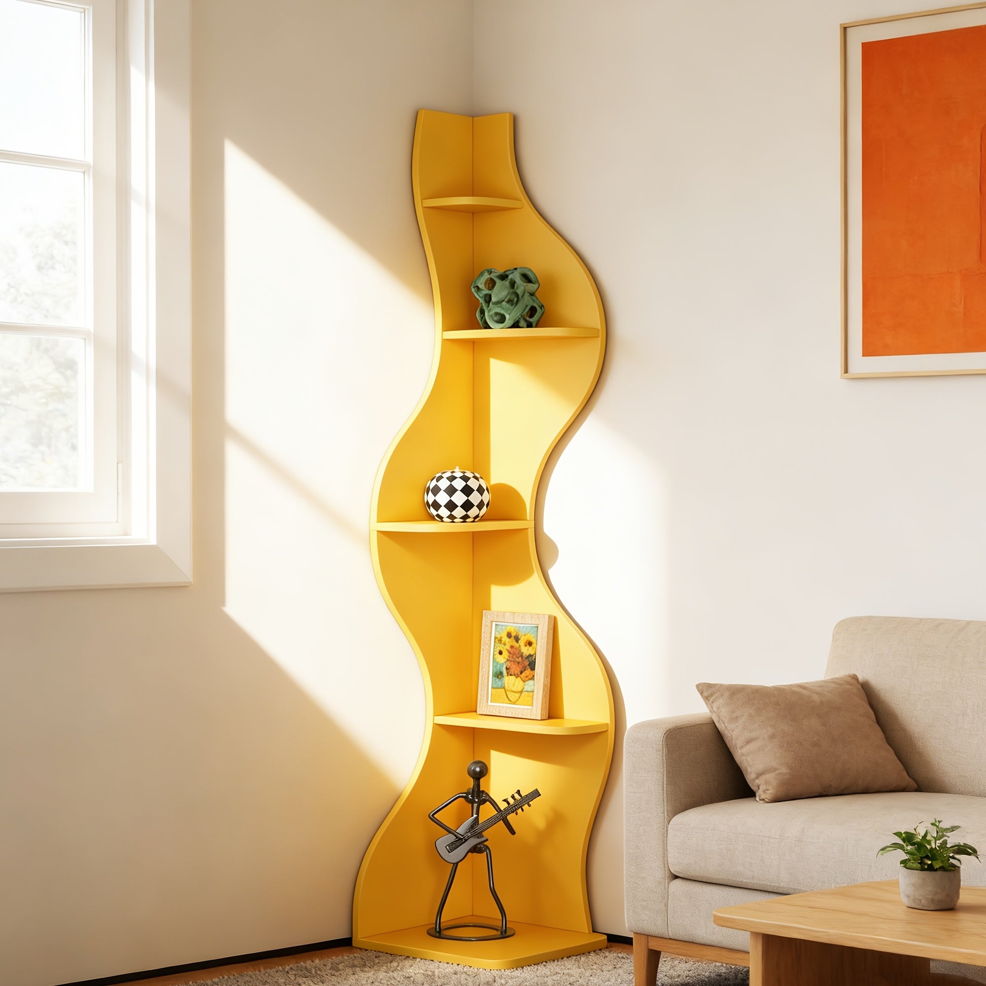 5 Tier Corner Bookshelf | Modern Black Bookcase with Freestanding Design, Wood Material, Unfinished End, Suitable for Living Room