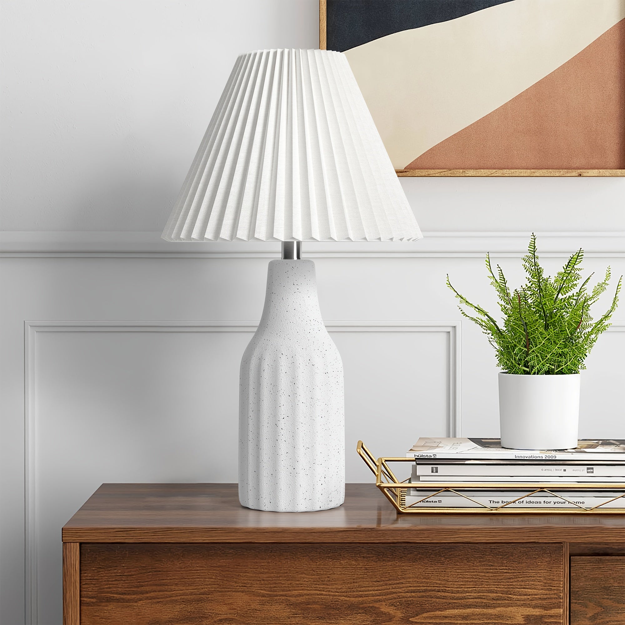 22-Inch Minimalist White Ceramic Table Lamp Featuring a Pleated Shade, Ideal for Desks, Bedrooms, And Nightstands with a Terrazzo End