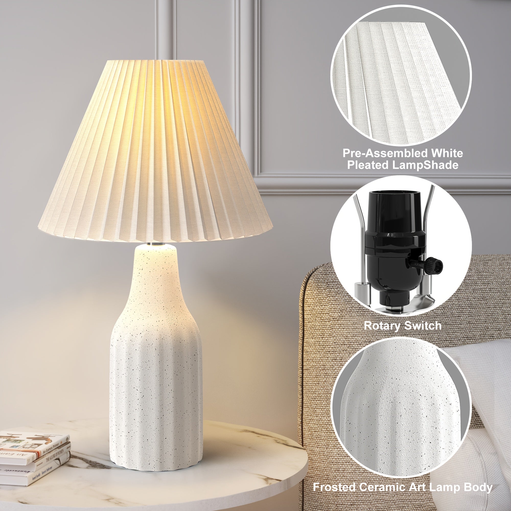 22-Inch Minimalist White Ceramic Table Lamp Featuring a Pleated Shade, Ideal for Desks, Bedrooms, And Nightstands with a Terrazzo End