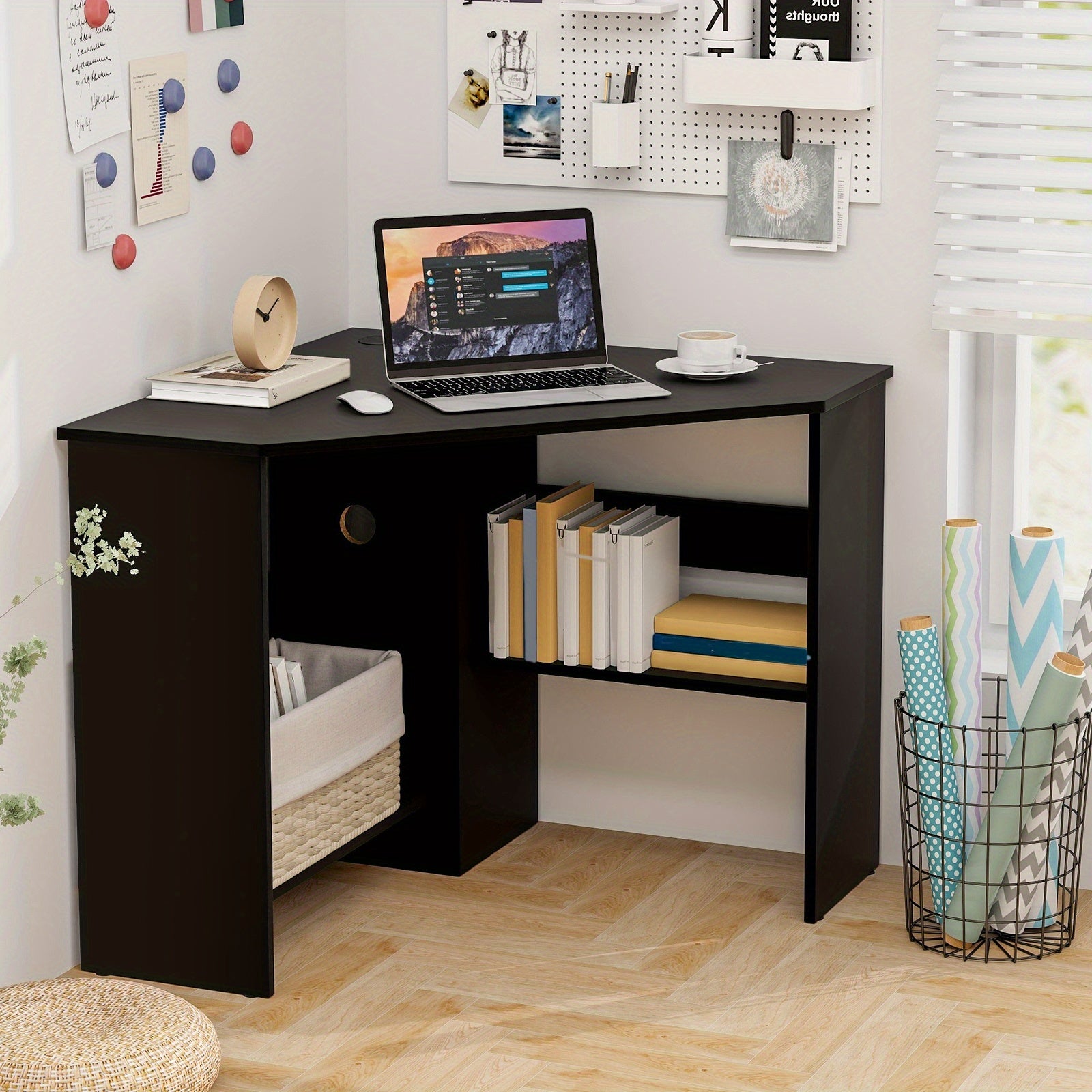 90° Corner Desk for Small Space, Home Office Computer Desk with Open Shelves & Cable Management Holes, Laptop Workstation, Triangular Makeup Vanity Desk for Living Room, Bedroom & Study