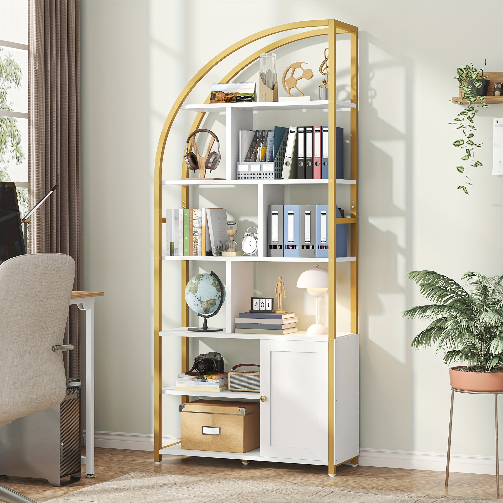 Industrial-Style 6-Tier Bookshelf Featuring a Door, Standing 71.1 Inches Tall, with a Metal Frame And 9 Open Display Shelves. This Large Shelving Unit in a Brown Geometric Design Is Perfect for Your Living Room Or Home Office