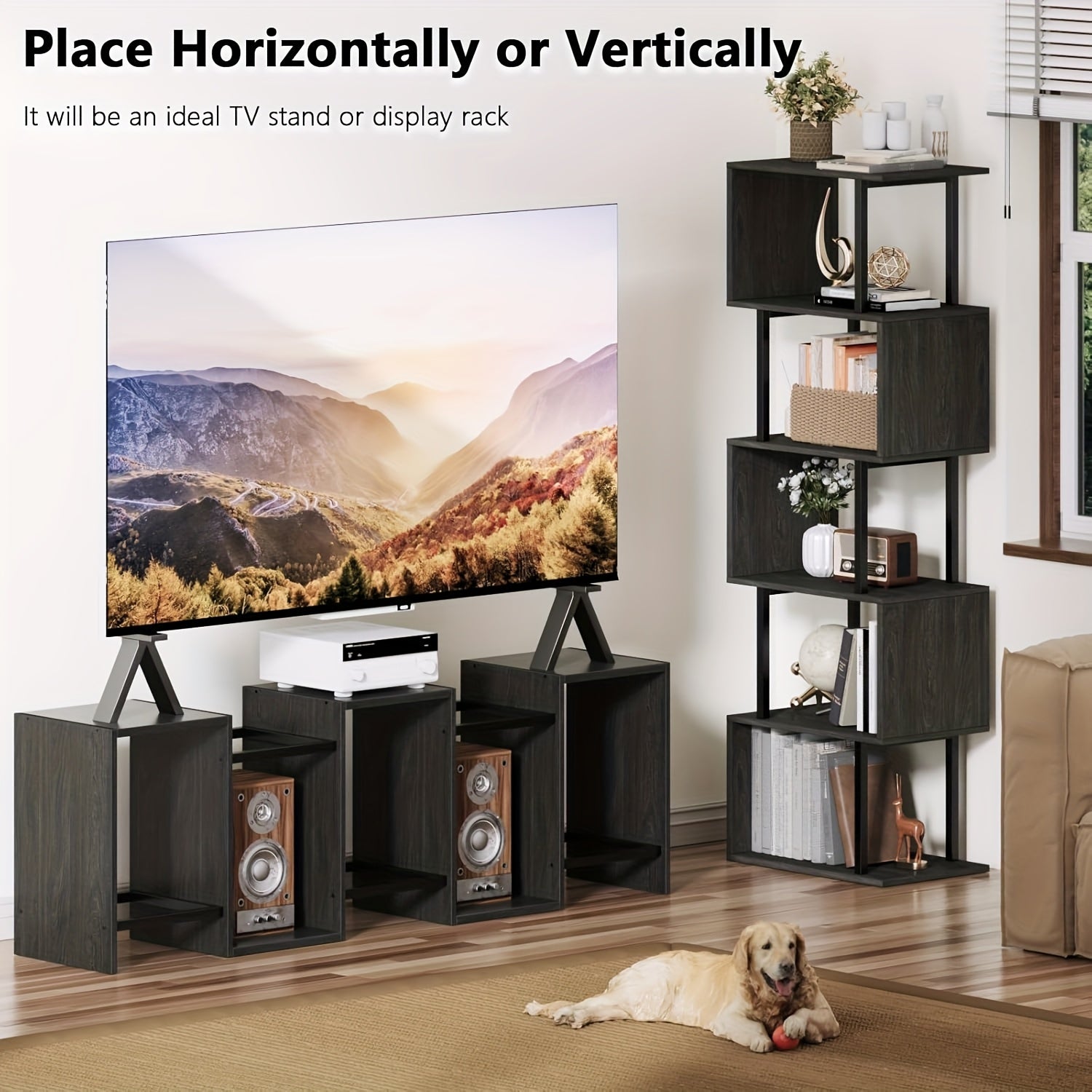 6-tier Tall Bookshelf, Lofty Geometric Book Cabinet, S-shaped Industrial-style Display Freestanding Bookshelf, Metal And Wood Decorative Storage Partition Rack, Suitable for Bedroom, Living Room, Office, Black\u002Fwhite